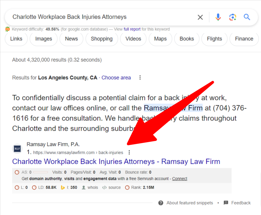 Workplace Back Injuries Attorney on Google Search Engine Result Page