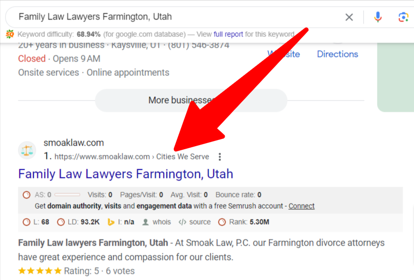 Image shows how Family Lawyer website shows on Google Search result page.