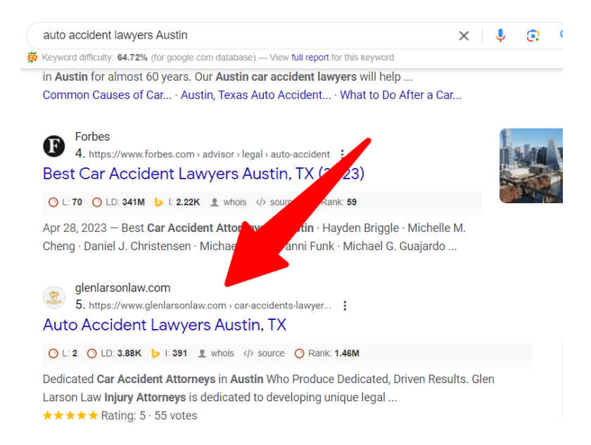Results for Auto Accident Lawyers Austin, TX in Search Engine Result Page.