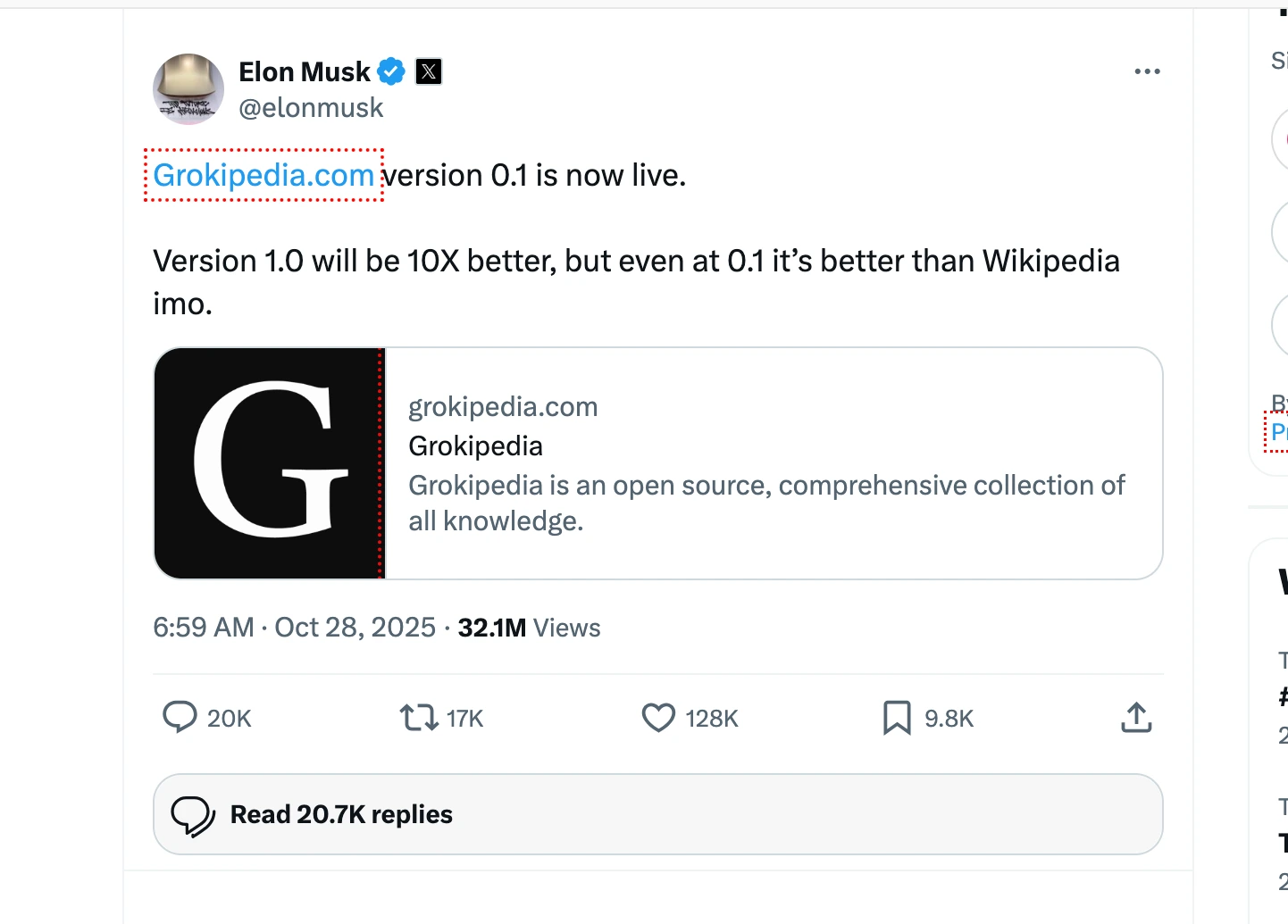 Elon Musk announces the launch of Grokipedia, an AI-powered encyclopedia by xAI